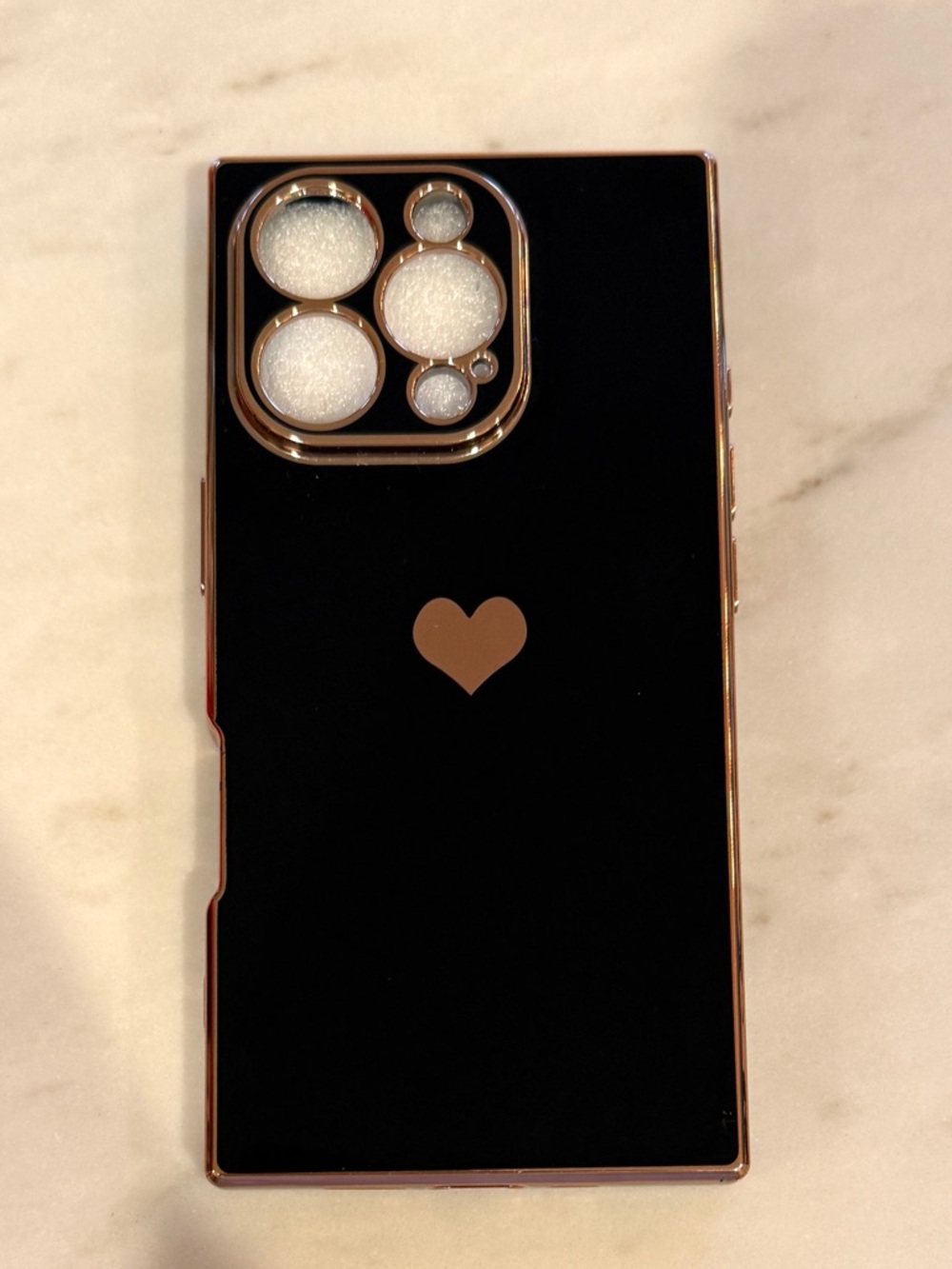 Black Glossy iPhone 16 Pro Case with Rose Gold Heart & Camera Trim